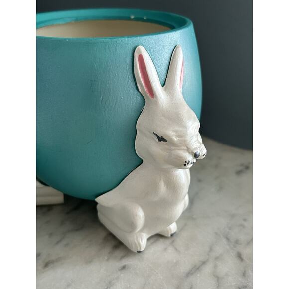 (2) 1960s Ceramic Easter Egg Candy Jar Hand Painted Bunnies Rabbits Purple Teal - Picture 16 of 16